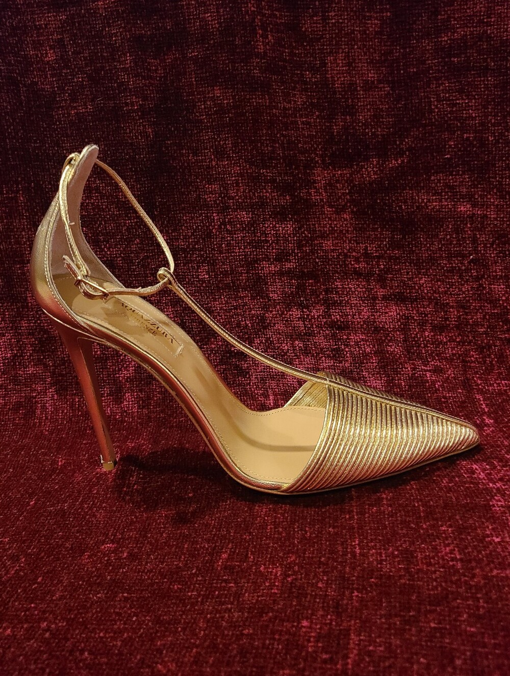 Aquazzura Metallic Strappy Gold Leather Pointed Toe Stiletto Heels Size 8 - Picture 2 of 15